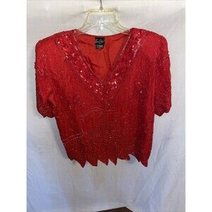 Tan-Chho Women’s Beaded Blouse Size XL Red 100% Silk Going Out Party